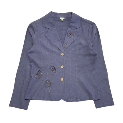 Damart Vintage 80's Blue Button Front Linen Dress Jacket Uk Women's Size 12