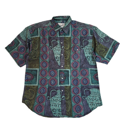 Incognito 90's Purple & Green Abstract Silk Short Sleeve Shirt Uk Men's Size M