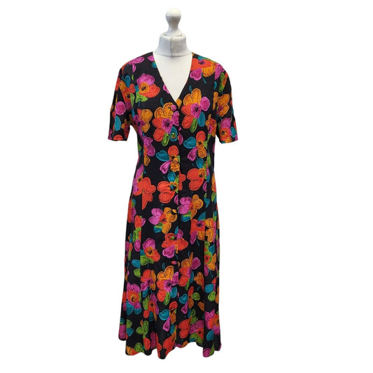 90s Vintage Black, Pink & Red Floral Print Dress Women's Size 12 EU 40