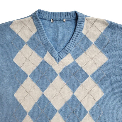 Osit Vintage 90's Blue & White V-Neck Jumper UK Women's Size Small