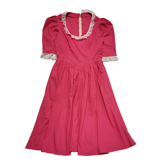 Vintage 80's Pink Prairie White Lace Trim Stretch Fit Summer Dress Womens UK 12