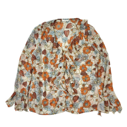 Mark & Spencer Y2K Cream & Orange Floral Ruffle Long Sleeve Blouse Womens UK 16