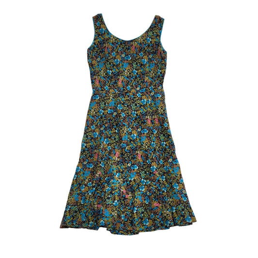Vintage 80s Green & Blue Floral Sleeveless Daywear Dress Uk Women's Size 10