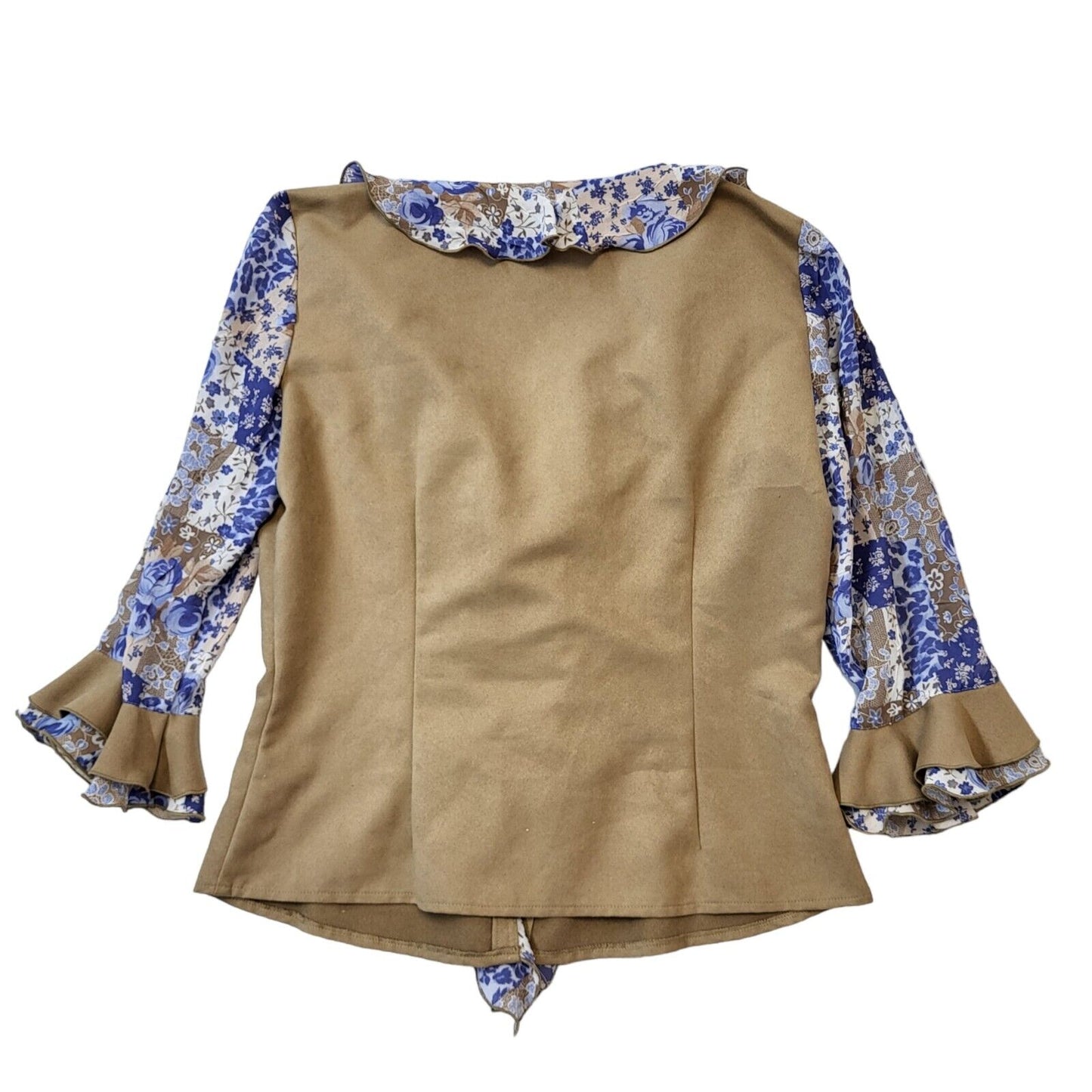 Canda 90s Vintage Brown & Blue Tie Front Ruffle Blouse Women's 12