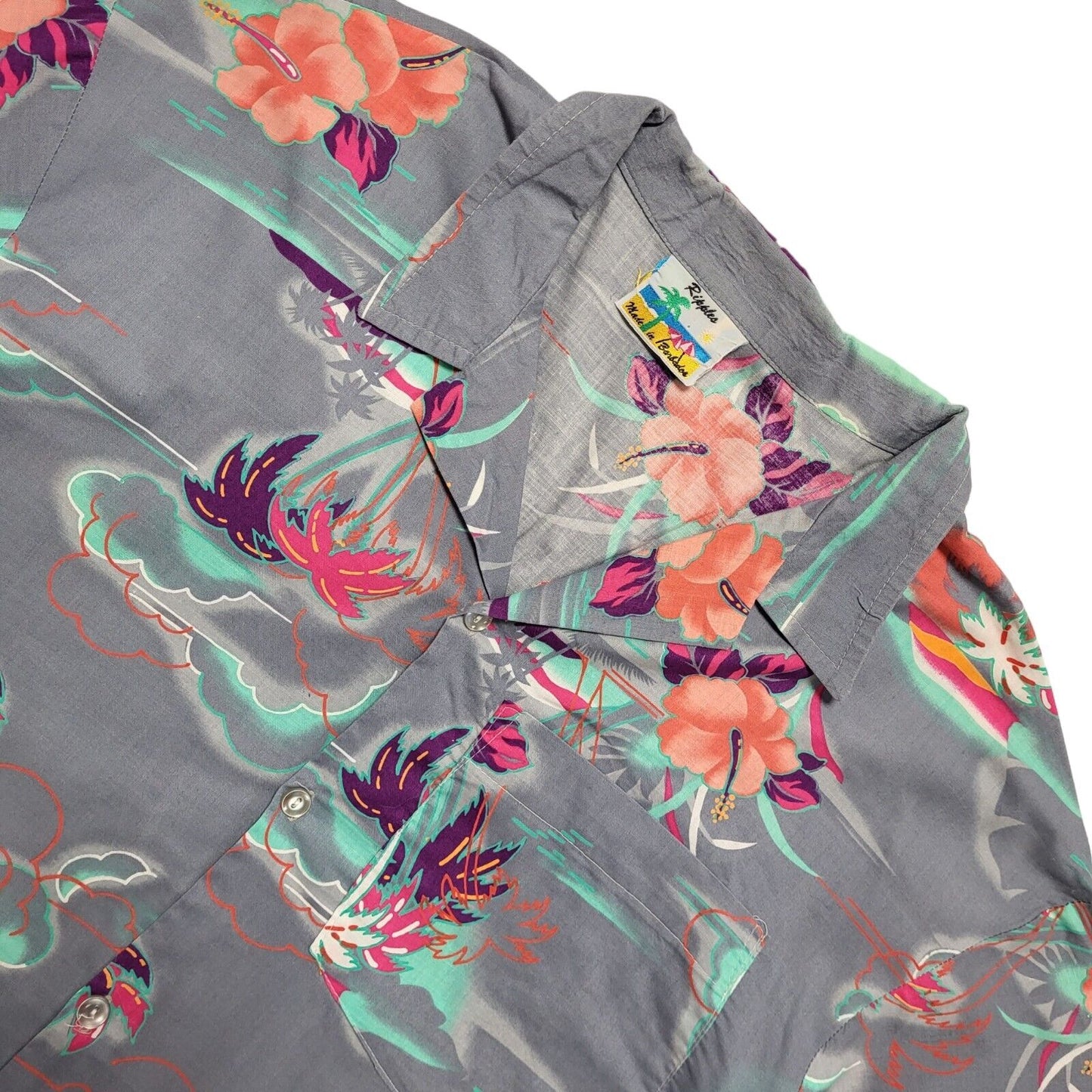 Ripples Vintage 90's Grey Green Palm Trees Short Sleeve Shirt Men's UK XL