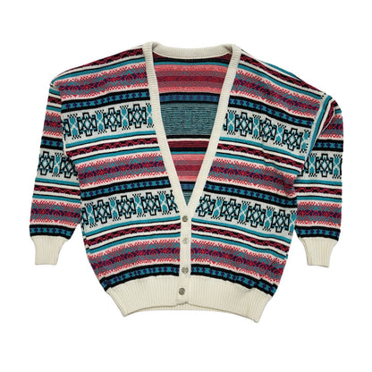 80s Vintage White Pink Blue Button Cardigan Uk Women's Size 14-16