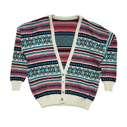 80s Vintage White Pink Blue Button Cardigan Uk Women's Size 14-16