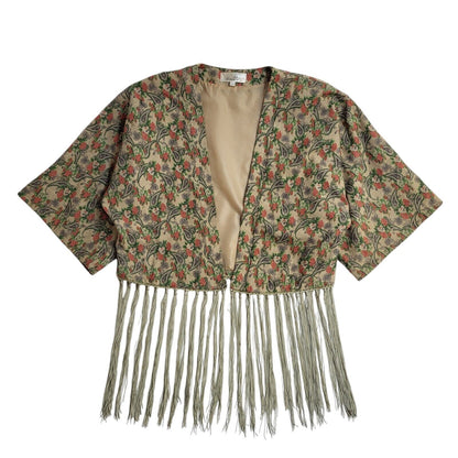 Urmoda 80s Floral Open Front Beige Short Sleeve Jacket Uk Women's Size Small