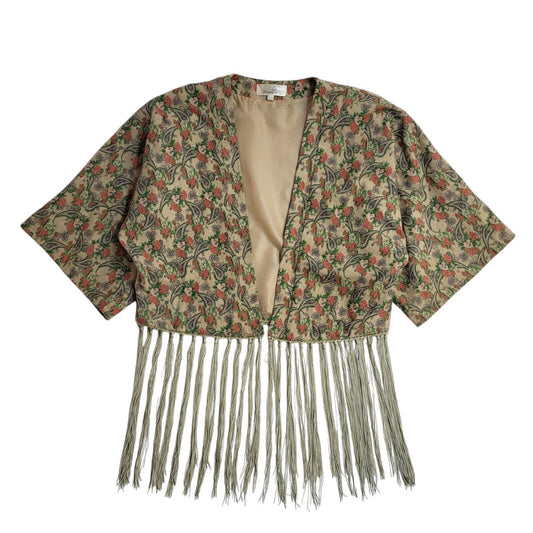 Urmoda 80s Floral Open Front Beige Short Sleeve Jacket Uk Women's Size Small