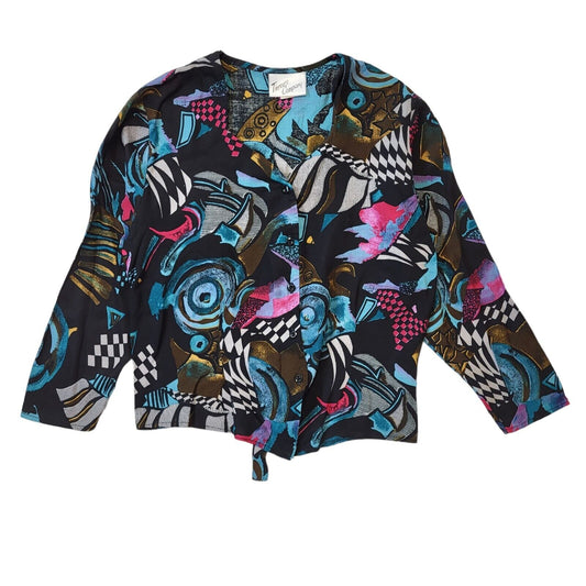 Three's Company 90s Vintage Black Blue 3/4 Sleeve Blouse Women's Size 14 Eu 42