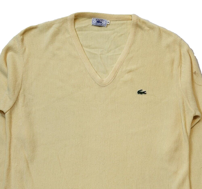 Izod Lacoste 80s Vintage Pale Yellow V-Neck Knitted Jumper Men's Size XL