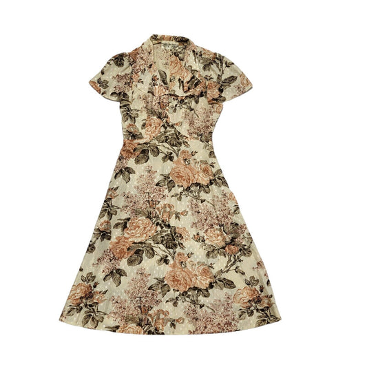 70s Vintage Maille De France Beige Floral Fit & Flare Dress Women's Size 12