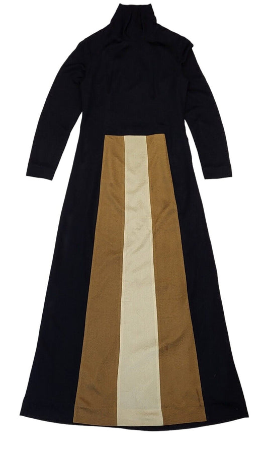 70s Vintage Lerose Black & Brown Long Sleeve Maxi Dress Women's Size 12