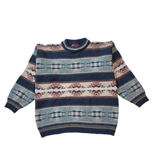 Deuce 90s Vintage Pink & Blue Round Neck Jumper Women's Size L