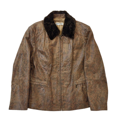 Gerry Weber 90s Brown Zip Up Leather Jacket Faux Fur Collar Women's Size 18