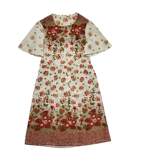70s Vintage White Pink Green Floral Fit & Flare Daywear Dress Women's 12