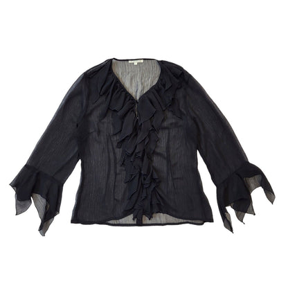 Jacqueline Rio Y2K Black Sheer Button Front Ruffle Blouse Women's Size 10
