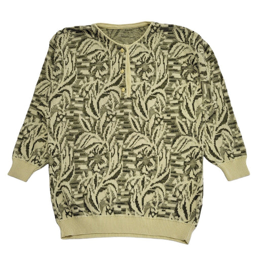 Vintage 90's Khaki Green Patterned 1/4 Button Jumper UK Womens Size XL