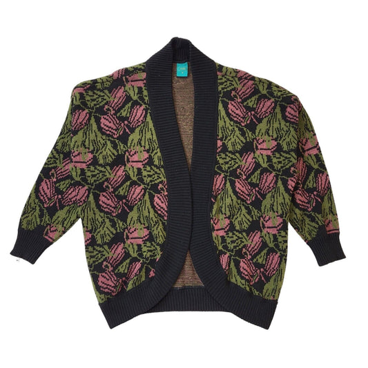 Canda C&A 80s Vintage Black, Green & Pink Floral Open Front  Cardigan Women's 18