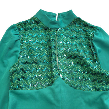 Vintage 70's Green Zip Evening Sequin A-Line  Dress Uk Women's Size 14