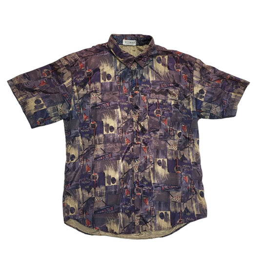 T. Corner Vintage 90's Purple Abstract Silk Short Sleeve Shirt Men's UK L