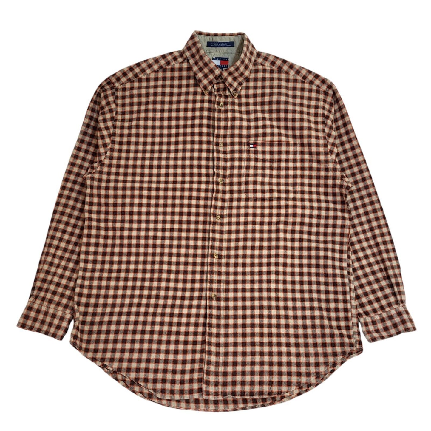 Tommy Hilfiger Y2k  Brown & Orange Check Long Sleeve Shirt Uk Men's Size Large