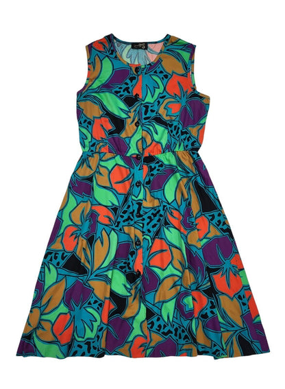 Jean Girard 80s Vintage Buttoned Fit & Flare Sleeveless Daywear Dress Women's 14