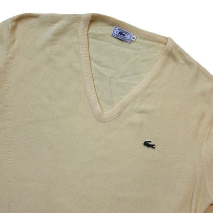 Izod Lacoste 80s Vintage Pale Yellow V-Neck Knitted Jumper Men's Size XL