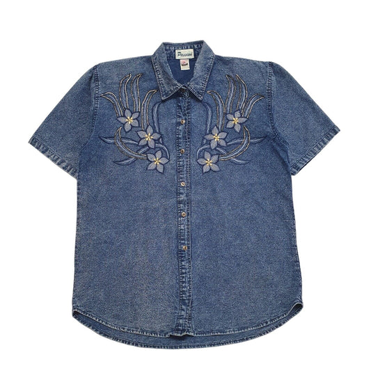 Passion Vintage 90's Blue Denim Floral Short Sleeve Shirt Womens UK Size M