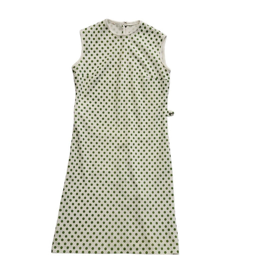 Vintage 70s Whit & Green Polka Sleeveless Dress Uk Women's Size 14