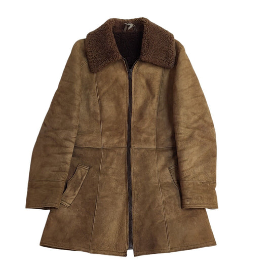 Vintage Brown 90s Zipped Suede Leather Coat Uk Women's Size Medium