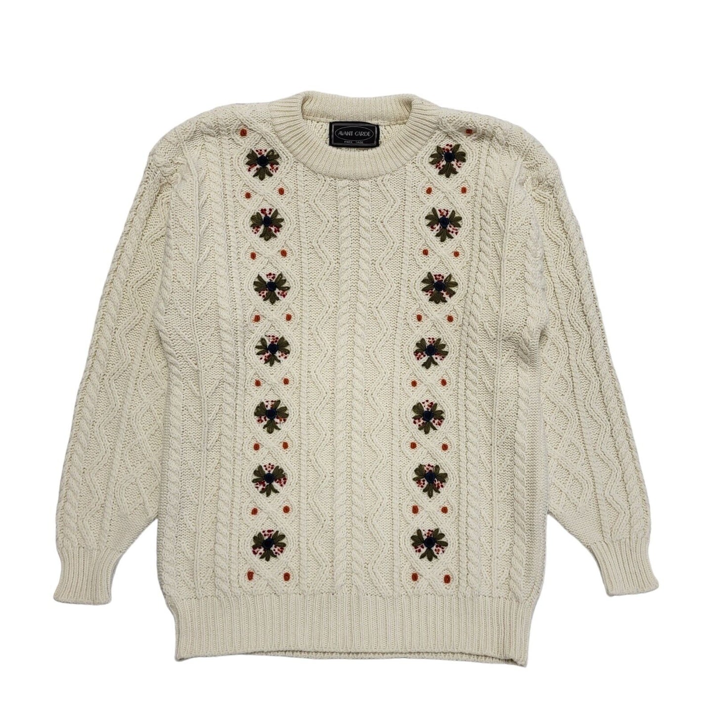 Avant Garde Vintage 90's Cream Green Floral Knitted Jumper Uk Women's UK 14-16