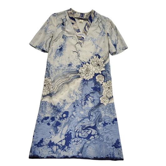 70s Vintage White & Blue Floral & Marble V-Neck Shift Dress Women's 12