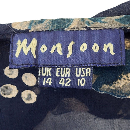 Monsoon 90s Vintage Blue Floral Print Long Sleeve Blouse Women's 14