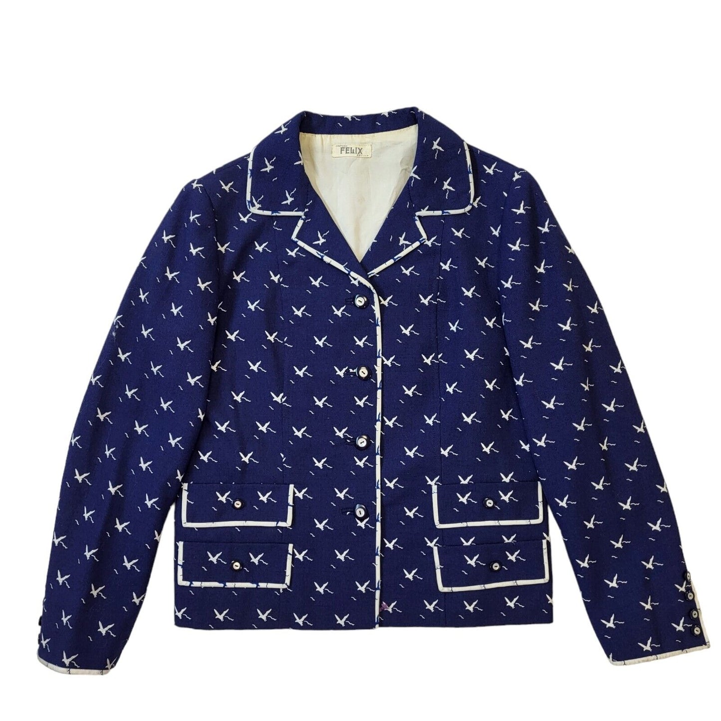 Felix 60s Vintage Blue & White Birds Button Up Women's Jacket Size 10