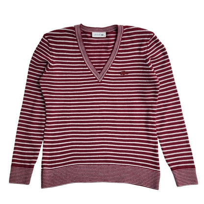 Lacoste Vintage 90's Red & White V-Neck Jumper UK Women's Size 10/12