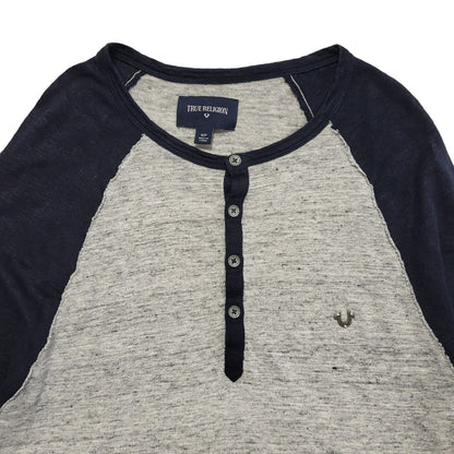 True Religion Henley Vintage 90s Blue & Grey Long Sleeve T-Shirt Mens UK Size S