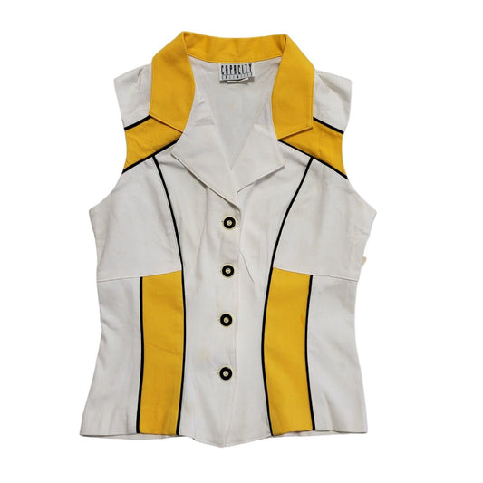 Capacity 80's Vintage Yellow & White Button Collared Waistcoat Womens UK Size M