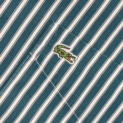 Lacoste 90's Vintage Green & White Striped Long Sleeve Shirt Mens UK Size M