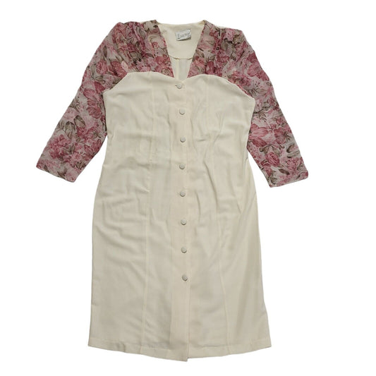 Vintage 80's Cream Pink Floral Daywear Dress Uk Women's Size 16