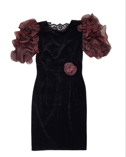 80s Vintage Yvonne Jacovous Black Plum Ruffle Velvet Evening Dress Women's 12