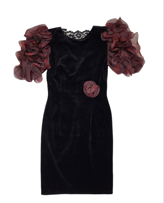 80s Vintage Yvonne Jacovous Black Plum Ruffle Velvet Evening Dress Women's 12