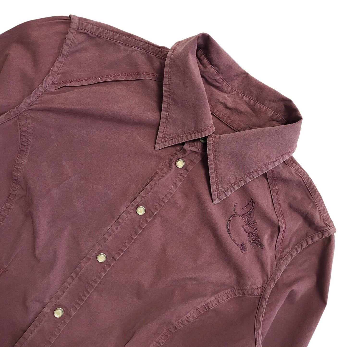 Diesel 90s Vintage Maroon Pearl Snap Long Sleeve Shirt Womens Size M