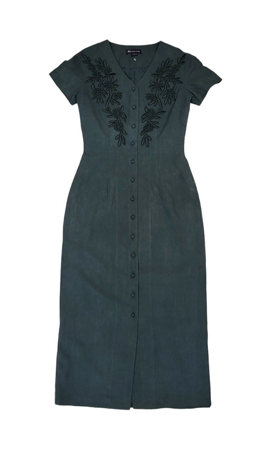 90s Vintage Monsoon Dark Green Silk Buttoned Daywear Dress Women's Size 10