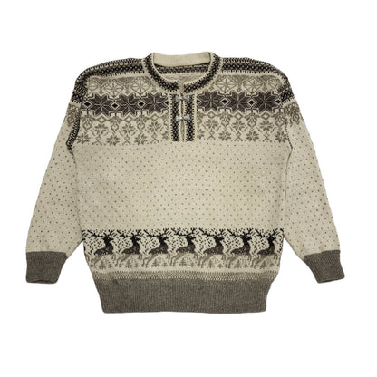 Vintage 80's Beige 1/4 Buckle Reindeer Jumper UK Womens Size XL