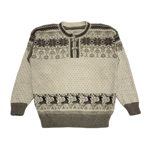 Vintage 80's Beige 1/4 Buckle Reindeer Jumper UK Womens Size XL