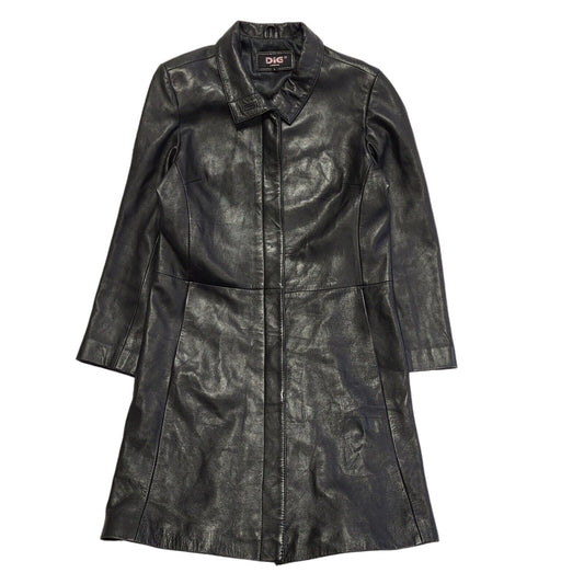 Dig Vintage 90's Long Black Leather Button Up Jacket Women's UK Size L