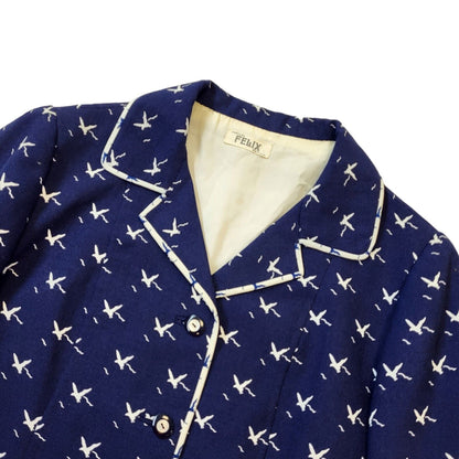 Felix 60s Vintage Blue & White Birds Button Up Women's Jacket Size 10