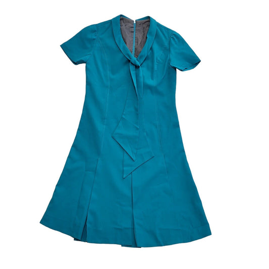 Vintage 70s Blue Short Sleeve Pleated A-Line Dress Uk Women's Size 12