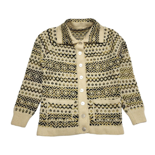 Vintage 70's Beige & Green Button Up Cardigan Uk Women's UK Size 12